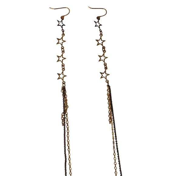 Artisan Handmade Extra long shoulder duster gold stone stars chain earrings 7” - Picture 1 of 11